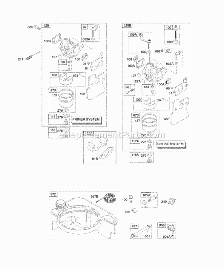 Carburetor Fuel Supply Diagram and Parts List for 12Q502-0015-E1  Briggs and Stratton Engine